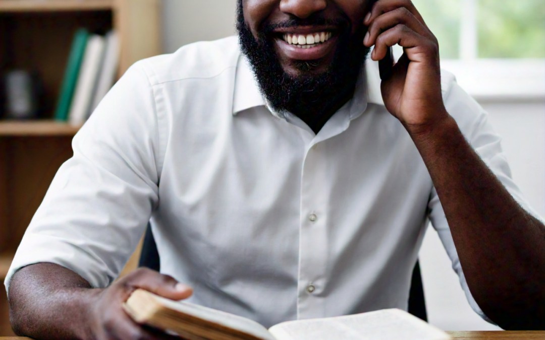 pastor on phone with bible