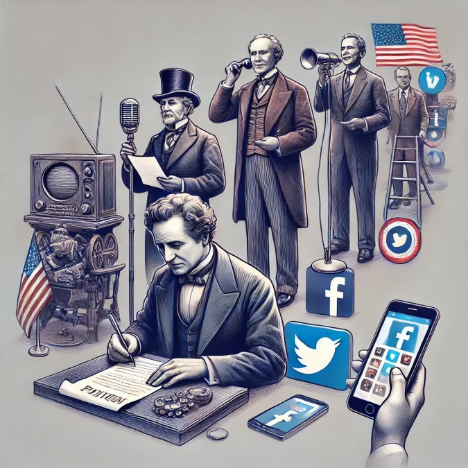A historical timeline of U.S. presidential communication evolution. The image features a figure writing a letter, another figure delivering a speech