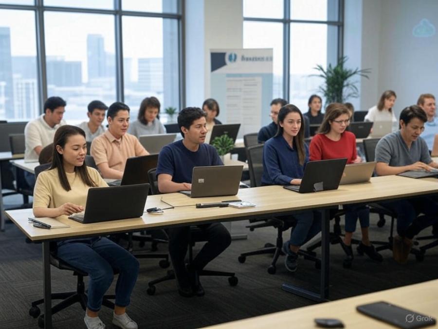 Image Description: A nonprofit office with volunteers using laptops, surrounded by digital icons for cloud tools and cybersecurity. The DirecTech.net logo is on a banner in the background.