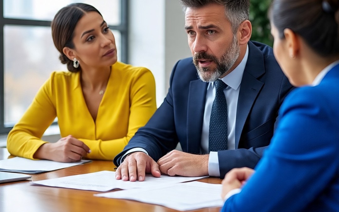 people in office at conference table, upset and Christmas tree