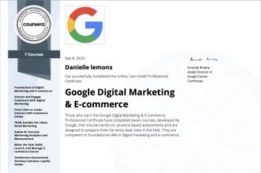 Celebrating Success: Danielle Lemons Earns Google Digital Marketing & E-commerce Certificate at DirecTech